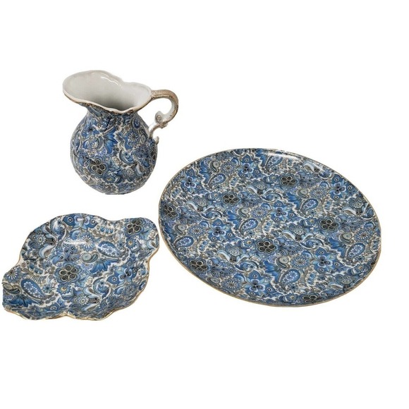 Norcrest blue floral paisley Japan plate trinket dish pitcher set porcelain 3 pc - Picture 2 of 16